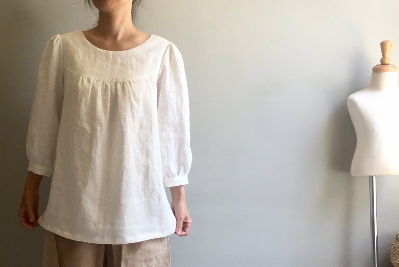 Quiet Valley/Cotton White Enzyme Wash Linen/8-point Bud Sleeve Top/100% Linen - Women's Tops - Cotton & Hemp White