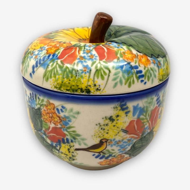 波蘭手繪手工陶-蘋果造型盅 12cm 蝶夢黃花系列 設計師款 - 碗 - 陶 黃色