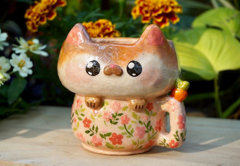 Pottery Pottery & Ceramics Orange - Calico Cat in a Cup Planter / Floral Cup Plant Pot / 3 inches pot / Cute Pottery