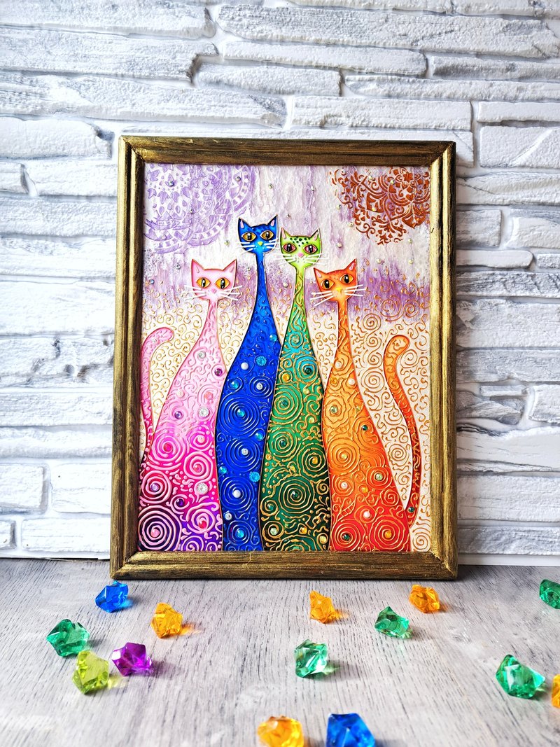 Rainbow Cats original painting on glass Family of four Home decor Wedding gift - Wall Décor - Glass Multicolor