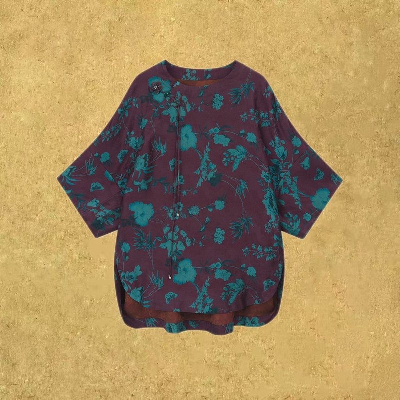 [Yizhi Chun] New Chinese Retro / Mulberry Silk Red Cloud Gauze Jacquard Floral Print Top - Women's Tops - Silk Purple