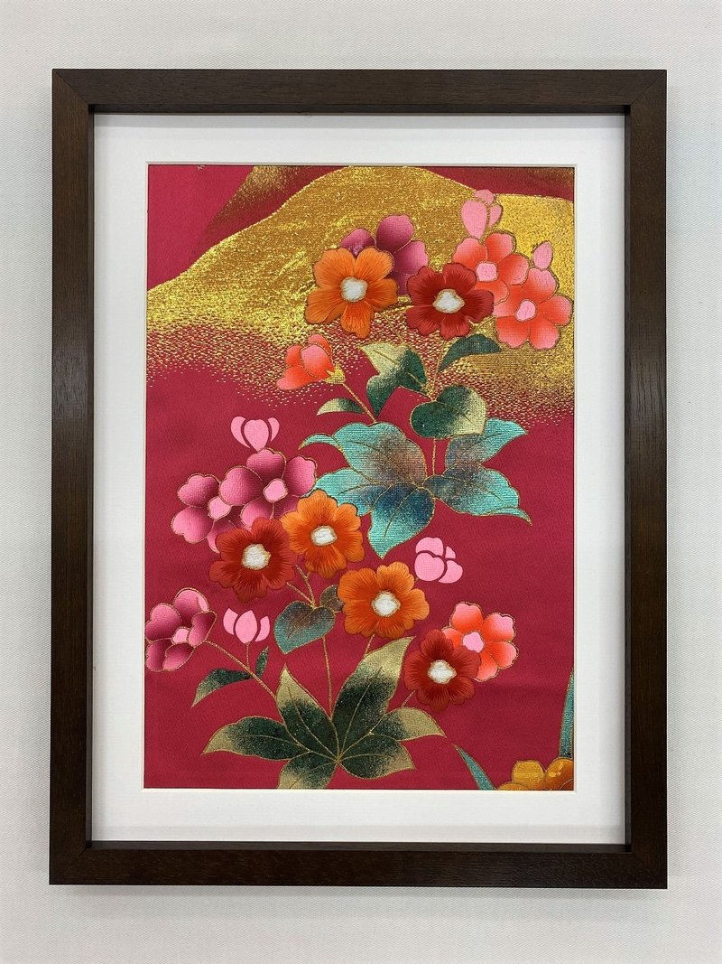 色打掛からつくるアートパネル　vintage kimono  刺繍着物 和モダン 和風インテリア プレゼント 花柄 結婚祝 新築祝  縁起物 額装インテリア83 - 壁貼/牆壁裝飾 - 絲．絹 粉紅色