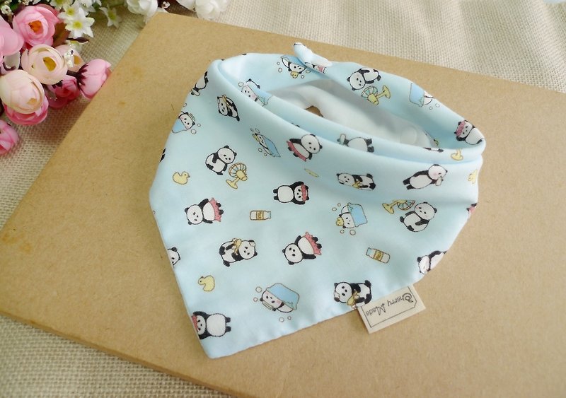 三角口水巾-洗澡小貓熊(水藍) - 圍兜/口水巾 - 棉．麻 藍色