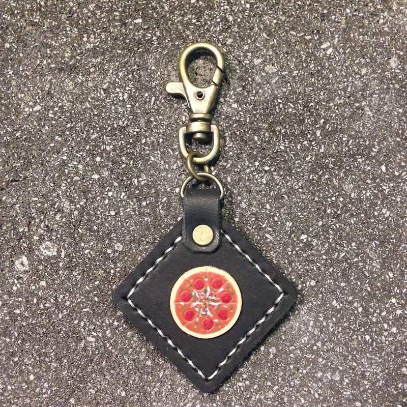 【Xuan Leather選。皮革】皮件食物系列［披薩］萬用掛飾鑰匙圈 KEYRING - 鑰匙圈/鑰匙包 - 真皮 黑色