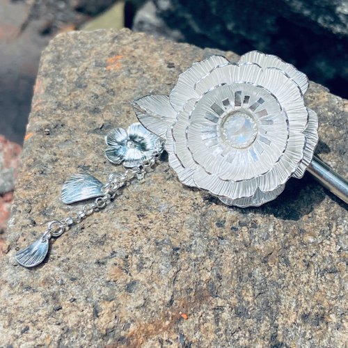 Sterling silver peony flower hairpin small flower S476 - Shop