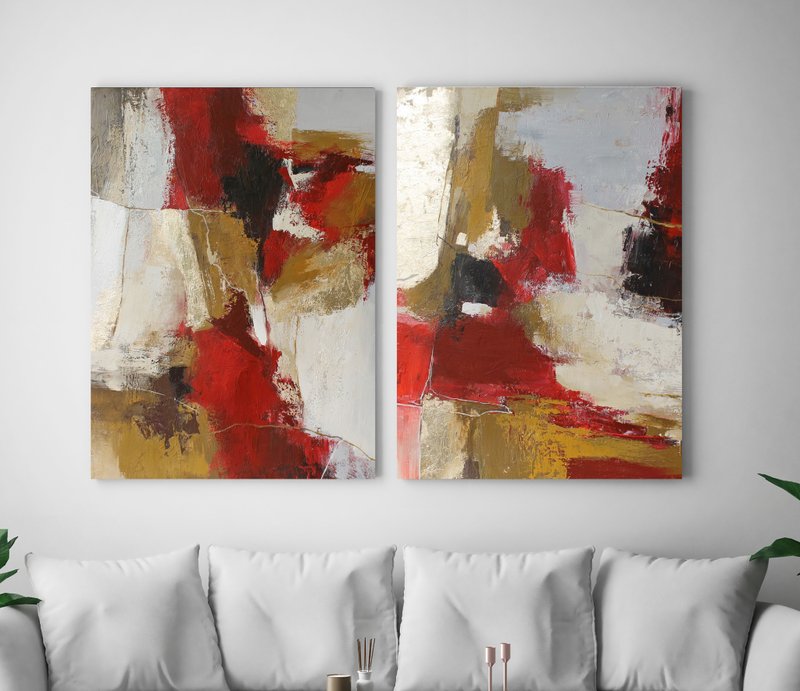 Red and Gold Wall Art | Red Abstract Wall Art |  Above Bed Art | Tango Set - 壁貼/牆壁裝飾 - 棉．麻 紅色