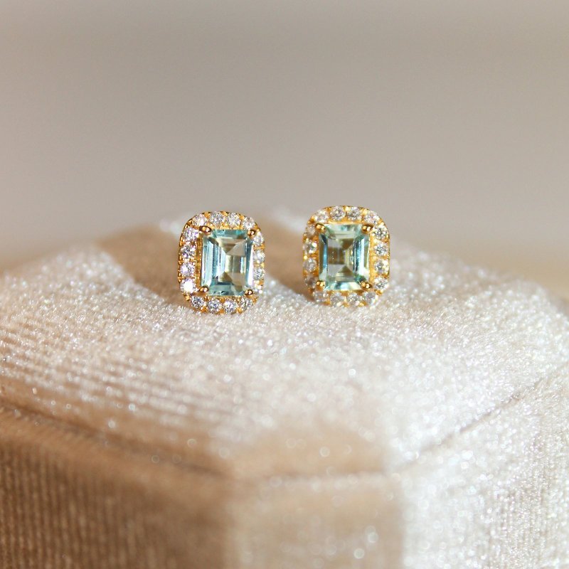 [Pure Ocean] 18K diamond sapphire earrings aquamarine sapphire earrings - ต่างหู - โรสโกลด์ สีทอง