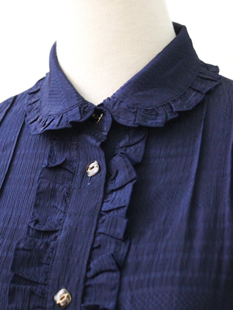 Vintage cute collar dark blue long sleeve vintage shirt Vintage Blouse - Women's Shirts - Polyester Blue