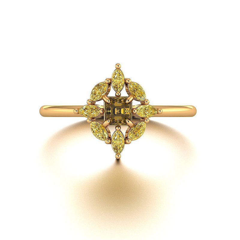 【PurpleMay Jewellery】18K SOLID GOLD VINTAGE ORANGE DIAMOND RING - R060 - แหวนทั่วไป - เพชร สีส้ม