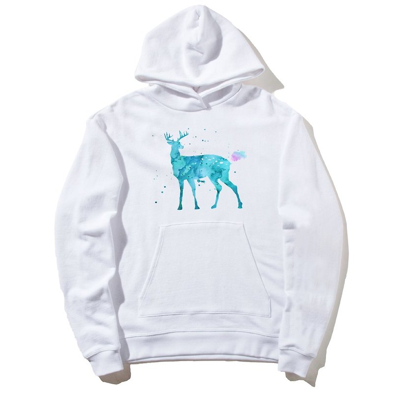 Splash Deer front picture long-sleeved bristles hooded T neutral version white elk color watercolor illustration deer universe design self-made brand galaxy trendy round triangle - Unisex Hoodies & T-Shirts - Cotton & Hemp White