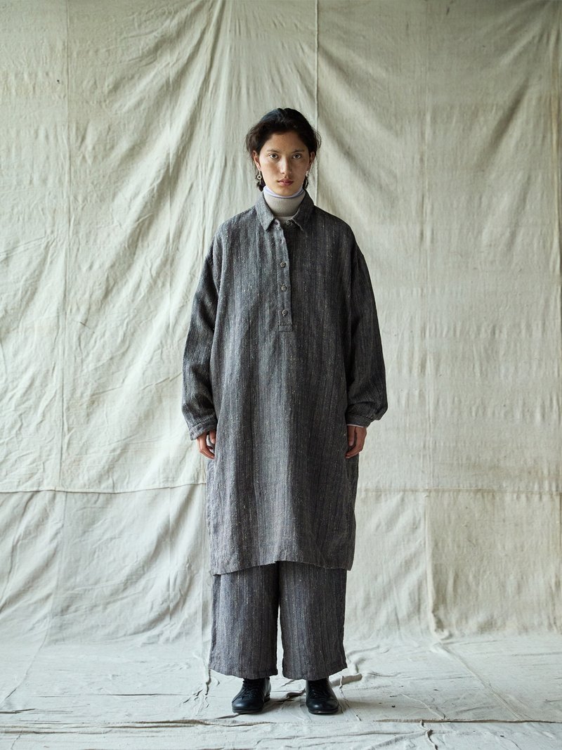 日系復古 / 條紋連身裙袍子 / 絲麻毛混紡 - 洋裝/連身裙 - 其他材質 藍色