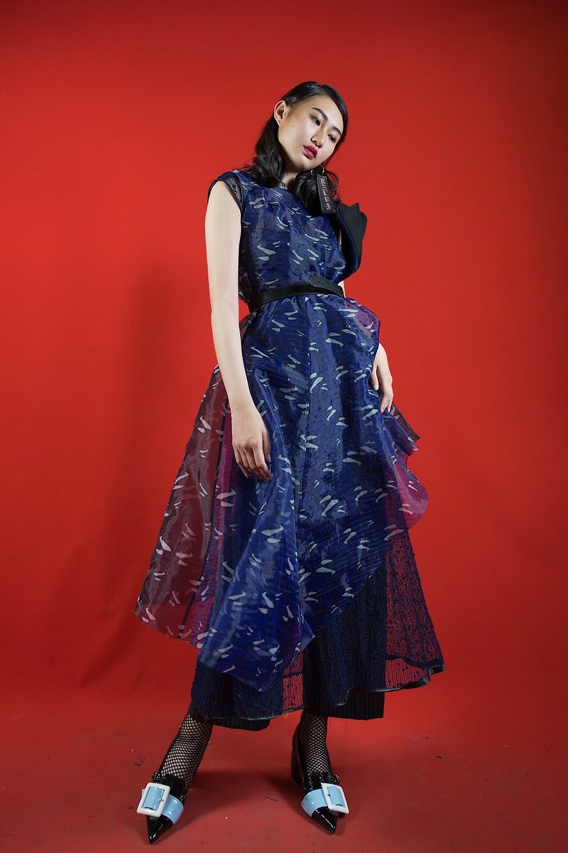 時髦印花透紗洋裝 - 連身裙 - 聚酯纖維 藍色