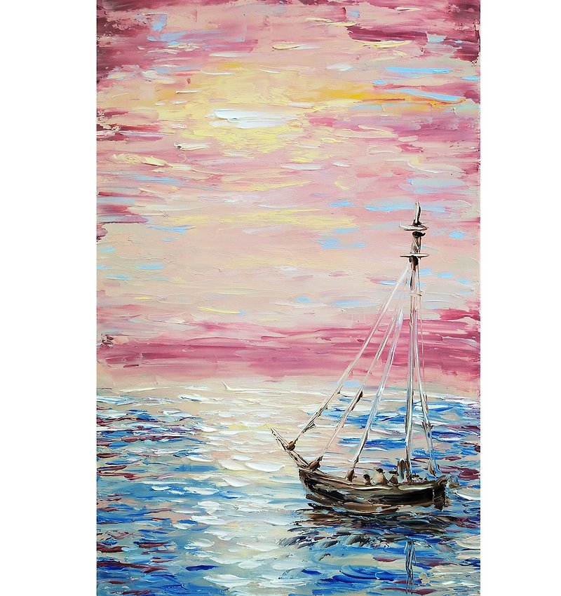 Sailboat Painting Seascape Original Artwork Oil Painting - 掛牆畫/海報 - 其他材質 多色