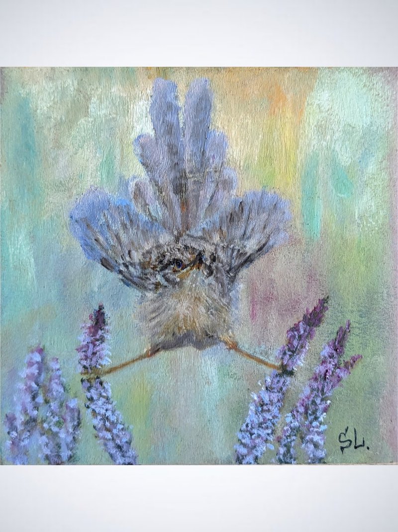 Little Bird Handmade Oil Painting Bird Blue Feathers Wall Art Wildflowers Summer - 海報/掛畫/掛布 - 其他材質 