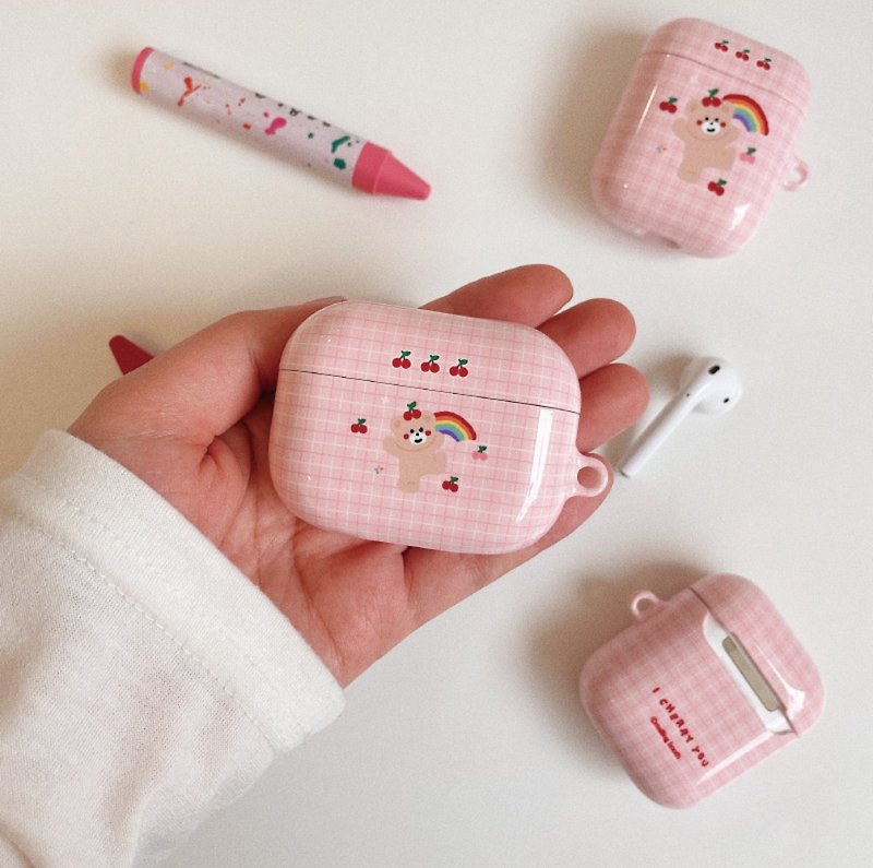 Cherry Bear rainbow airpods earphone case / earphone case - Headphones & Earbuds Storage - Plastic Pink