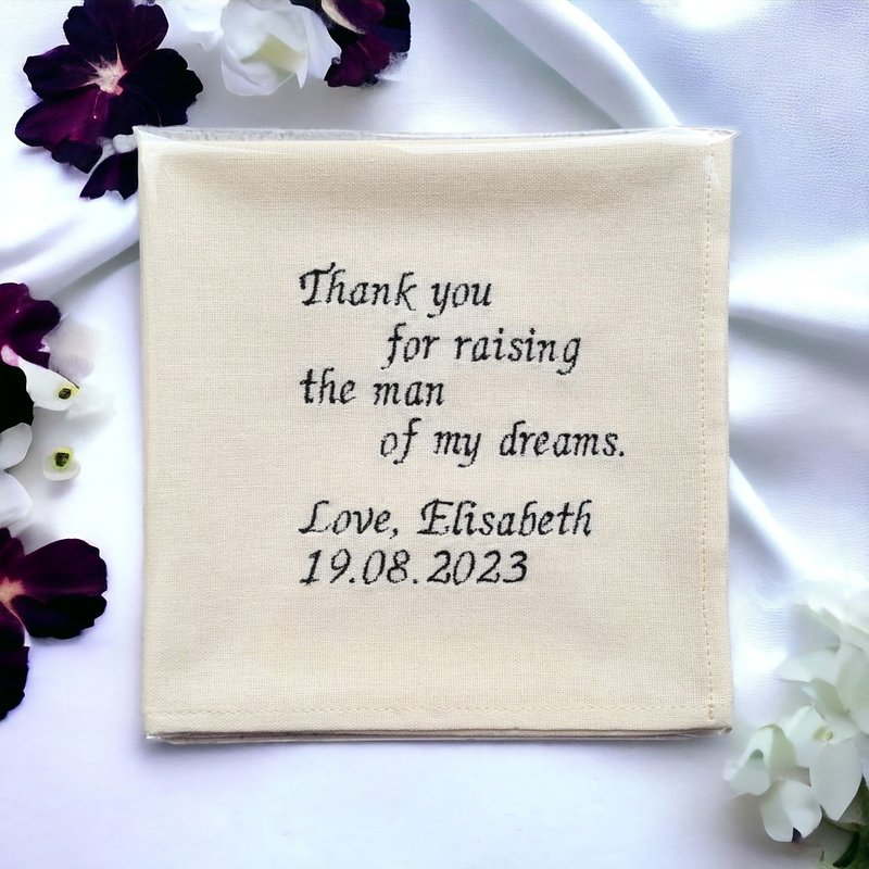 Handkerchief linen custom poem embroidered, Personalized Wedding hankie gift Mom - ผ้าเช็ดหน้า - ลินิน ขาว