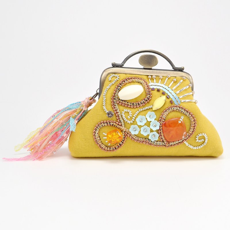 Sparkle and statement purse, yellow purse,embroidered purse, 8 - กระเป๋าใส่เหรียญ - ผ้าฝ้าย/ผ้าลินิน สีเหลือง