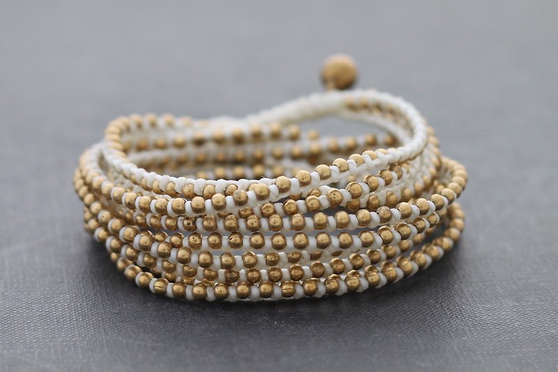 白色編織手鐲串珠纏繞黃銅腳鐲 - 手鍊/手鐲 - 棉．麻 白色