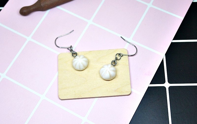 Clay Ornaments X Stainless Steel Hook Earrings <Baozi> # Emulation# Cute-Free shipping by mail- - ต่างหู - ดินเหนียว ขาว