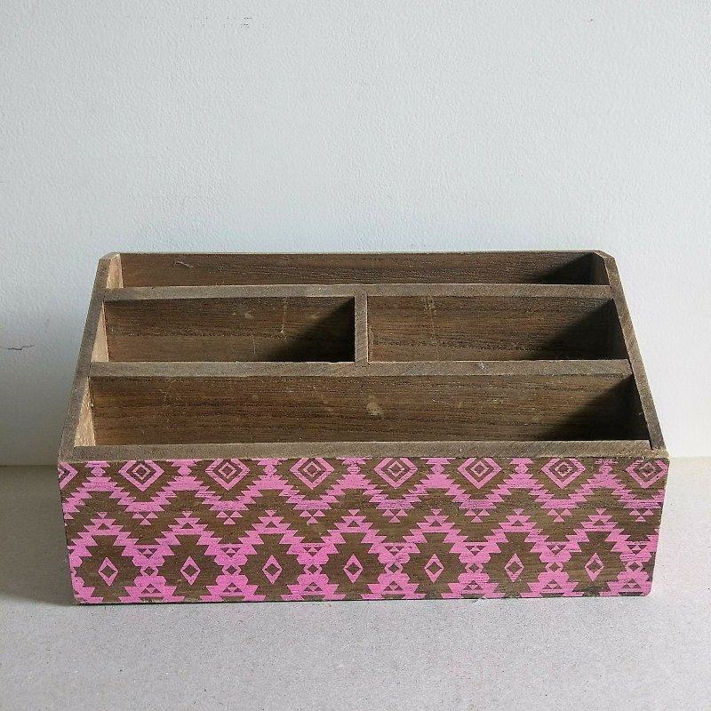 American antique pink color painted folk custom totem printing three-layer wooden storage/storage box - Storage - Wood Pink