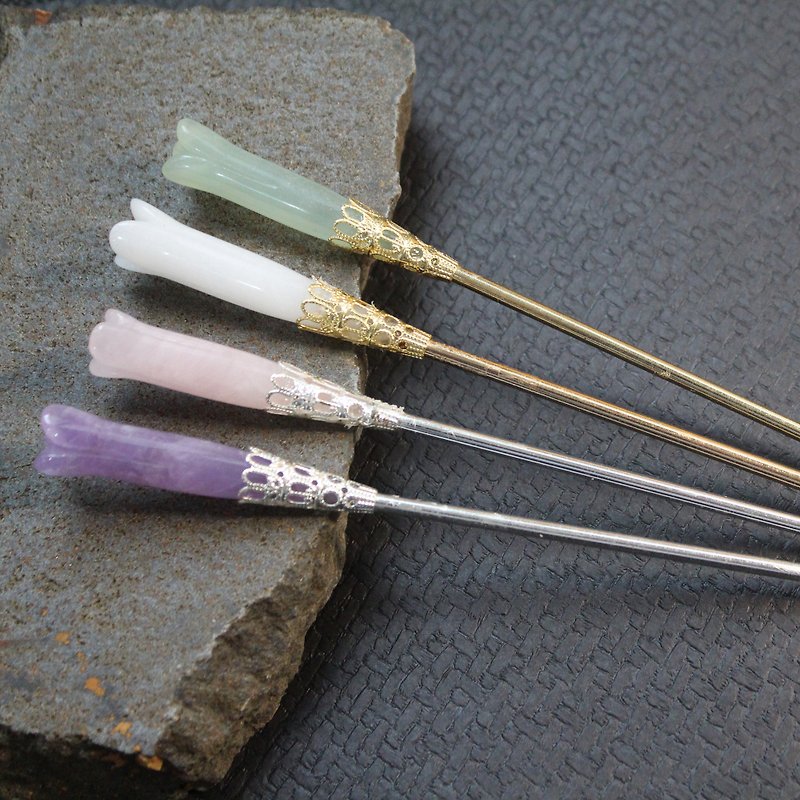 [Tibetan] natural jade Lake Mulan hairpin | jade, Jade, Rose Quartz, Amethyst | copper silver plated 18K gold | hand-made hair accessories hairpin, Chinese antiquity jewelry, step by step startling - Hair Accessories - Gemstone Multicolor