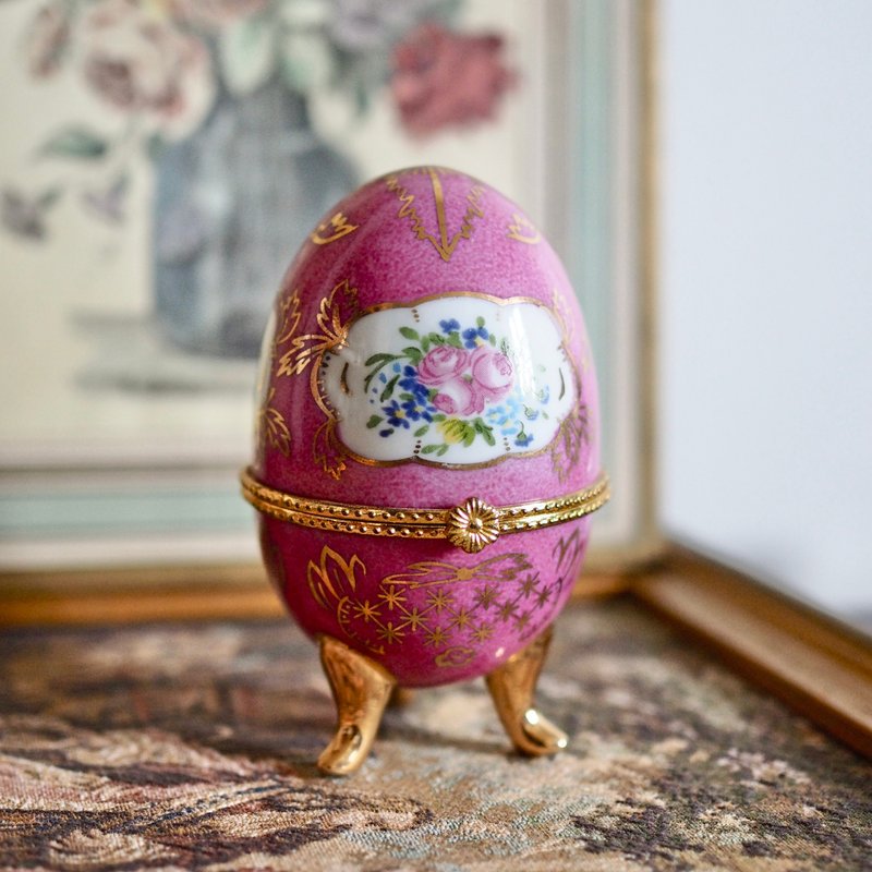 1980 French Vintage Pink Rose Ceramic Egg Ornament - Other - Pottery Pink