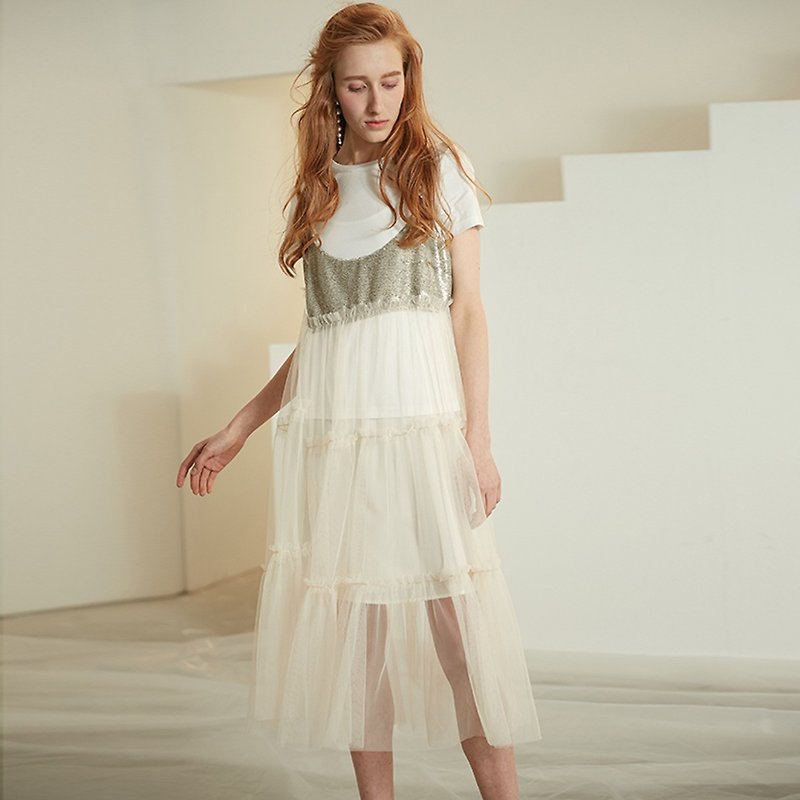 網紗吊帶連身裙法式復古洋裝不含白色T恤 - 連身裙 - 聚酯纖維 白色