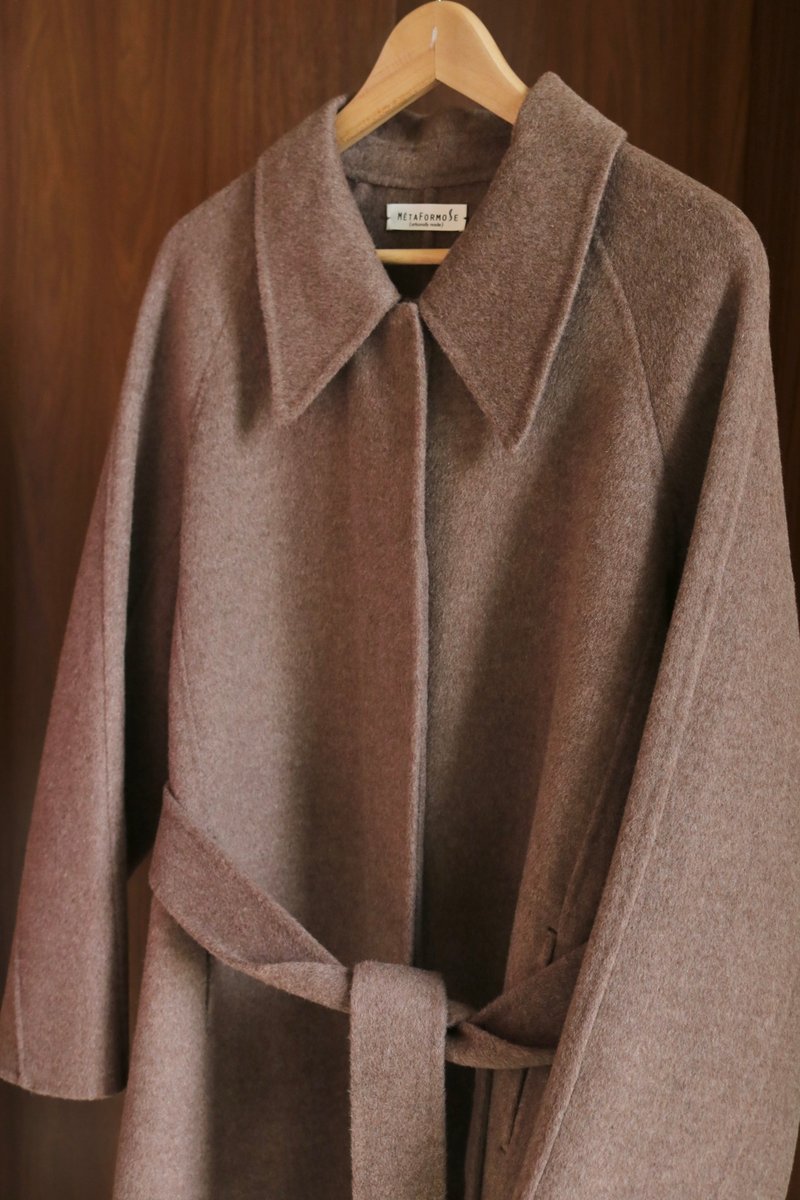 Mocha Brown hand-stitched single-breasted double-layered wool cashmere strap coat-Customized color diagram - เสื้อแจ็คเก็ต - ขนแกะ 