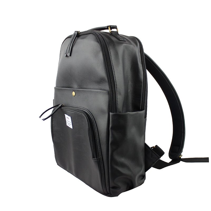 AMINAH-Black multi-layered backpack [am-0298] - กระเป๋าเป้สะพายหลัง - หนังเทียม สีดำ