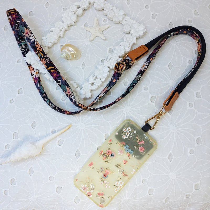 Three-in-one multi-function black floral Korean cotton mobile phone crossbody strap / diagonal strap / strap / lanyard - เชือก/สายคล้อง - ผ้าฝ้าย/ผ้าลินิน สีดำ