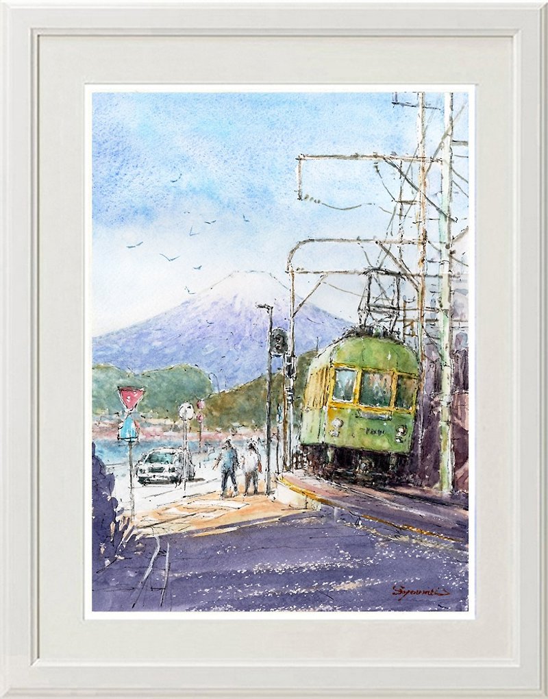 Original watercolor painting: Mt. Fuji and Enoshima Electric Railway from Shichirigahama, Shonan - โปสเตอร์ - กระดาษ สีน้ำเงิน