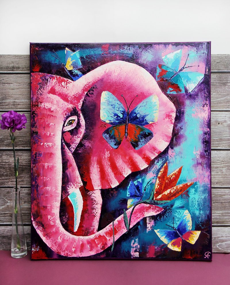 Pink Elephant Painting 油畫原作 Animal Original Art Butterflies Wall Art 50 by 60 cm - Posters - Other Materials Purple