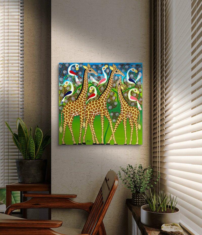 【V185 キリンと鳥】タンザニア手描きアート、壁掛け、インテリア装飾、ギフト - ポスター・絵 - その他の素材 