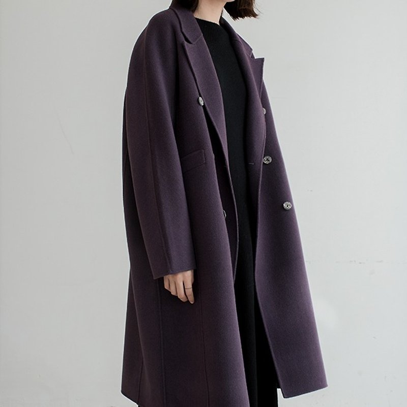 複古黛紫色 Violet Hill 100%定染色羊毛手工雙排扣寬松廓形大衣 - 女大衣/外套 - 羊毛 紫色