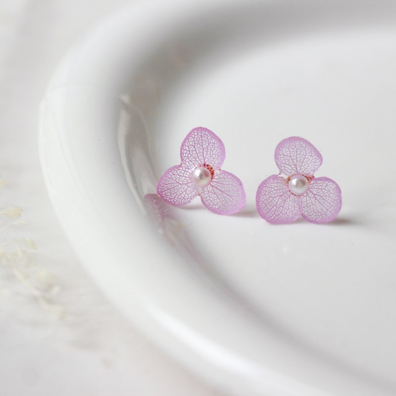 葉脈系列  紫色永生繡球花珍珠耳環 - 耳環/耳夾 - 植物．花 紫色