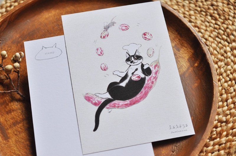 Hand drawn illustration postcard-Lele cat juggling tiger beans - การ์ด/โปสการ์ด - กระดาษ สีกากี