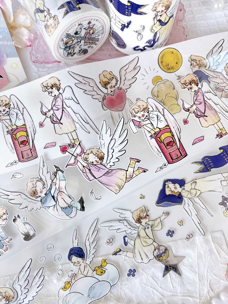 早安午安晚安 小さな天使の1日 PET & 和紙テープ (kiss-cut) - マスキングテープ・PET テープ - その他の素材 多色