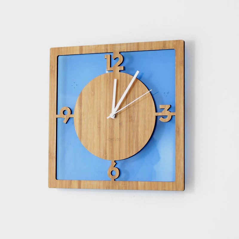 Homeloo bamboo wall clock mute |. Transparent blue square - นาฬิกา - ไม้ไผ่ สีน้ำเงิน