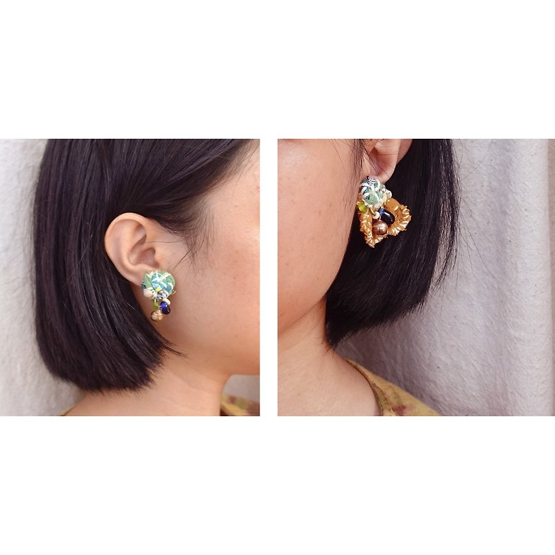 DUNIA handmade /LOOPS loop / asymmetric cloth earrings-tassel - Earrings & Clip-ons - Cotton & Hemp Multicolor