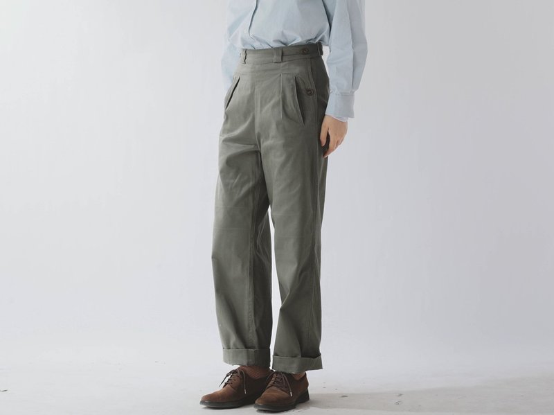 French retro gentleman girl Ami khaki workwear cotton casual trousers - กางเกงขายาว - ผ้าฝ้าย/ผ้าลินิน สีเทา