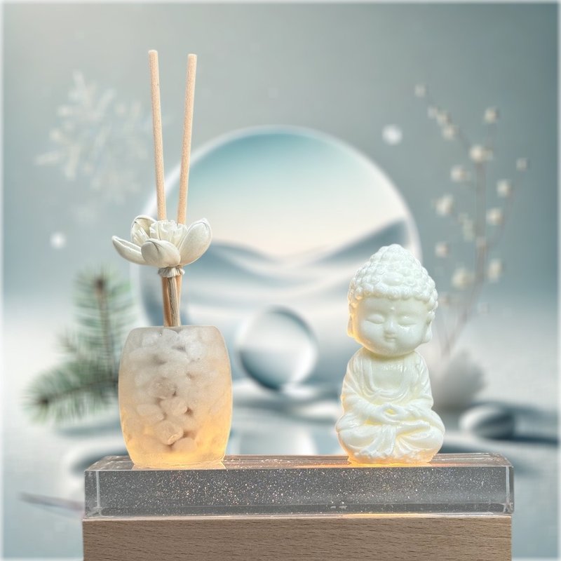 Jing Nian Good Luck Crystal Peace Lamp Holder Series White Crystal Peide Little Buddha Doll Bright Lamp with 5ML Essential Oil Free - Fragrances - Resin White