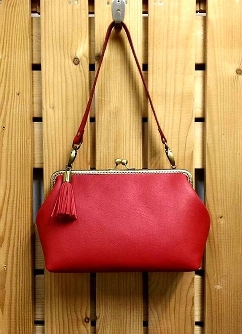 [MY. Handmade] Vintage Leather 25cm Gold Handbag ~ Red - Messenger Bags & Sling Bags - Genuine Leather Red