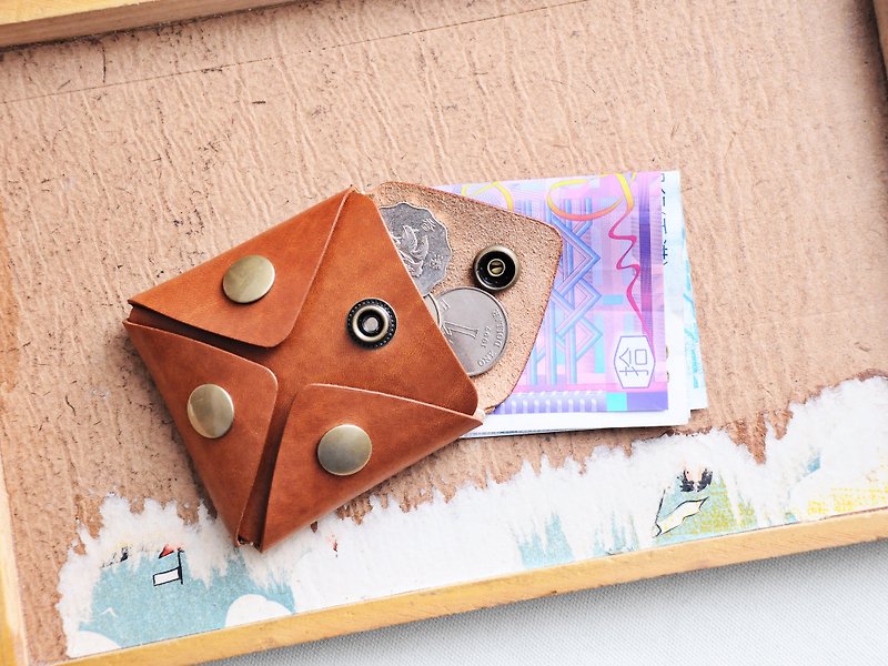 South, east, north and west coin purse well stitched leather material bag free engraved name handmade bag couple gift - เครื่องหนัง - หนังแท้ สีนำ้ตาล
