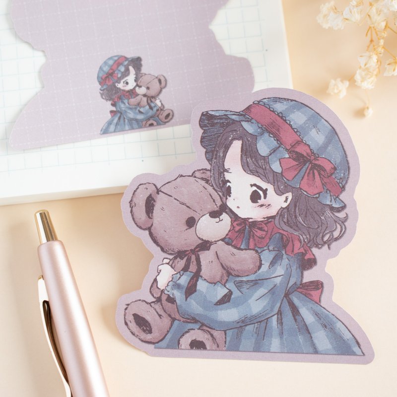 Die cut memo sheets - Friends since I was little (a girl and a teddy bear) - กระดาษโน้ต - กระดาษ สีน้ำเงิน