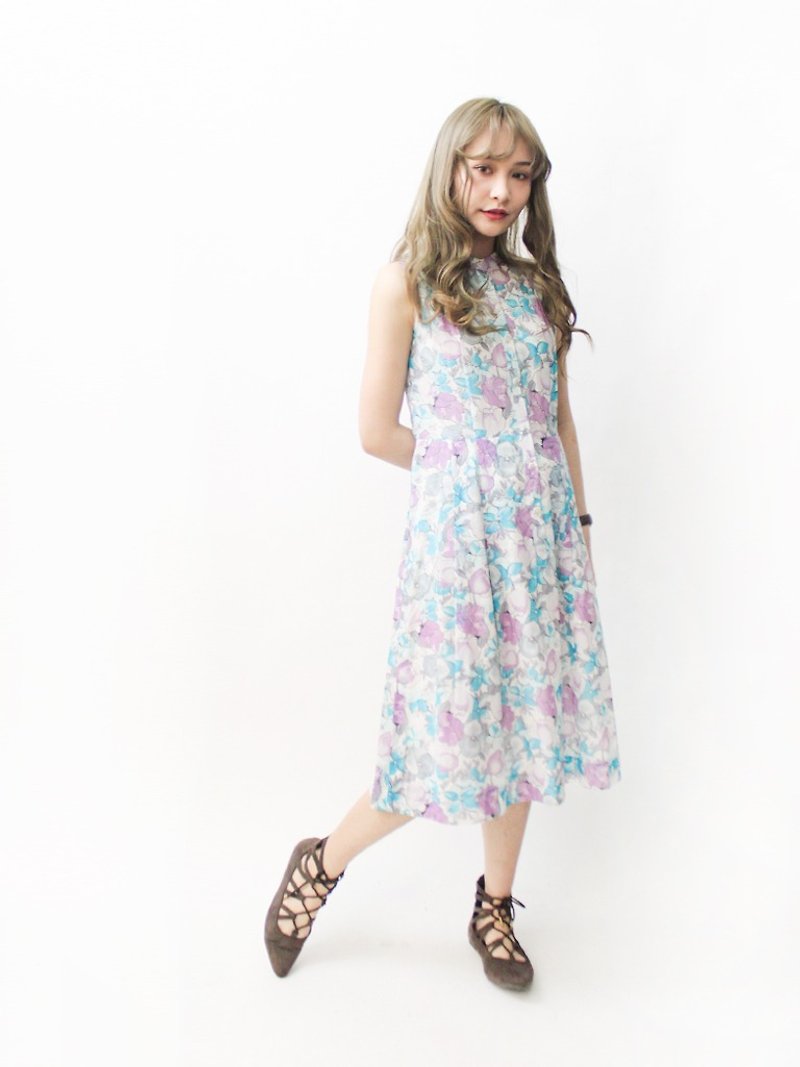 【RE1004D1472】早秋日本製復古碎花灰藍色短袖古著洋裝 - 連身裙 - 聚酯纖維 紫色