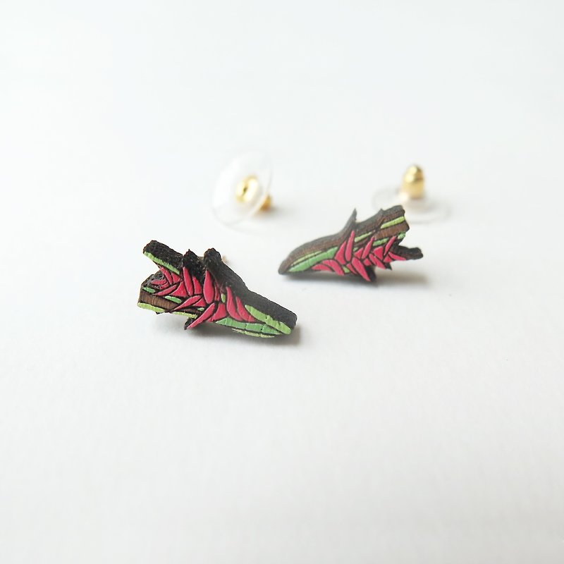 Wooden earring heliconia spray - 耳環/耳夾 - 木頭 紅色