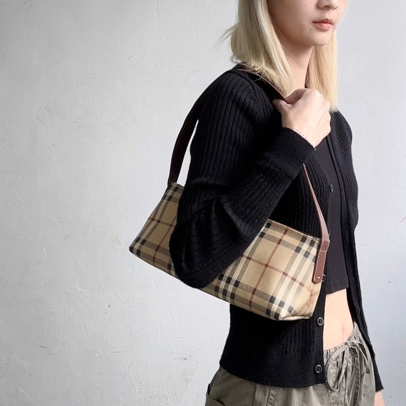 Vintage Burberry Classic Check Armpit Bag - กระเป๋าถือ - หนังแท้ สีนำ้ตาล