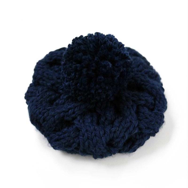 粗針麻花可拆毛球針織毛線貝蕾帽-藍 - 帽子 - 羊毛 藍色