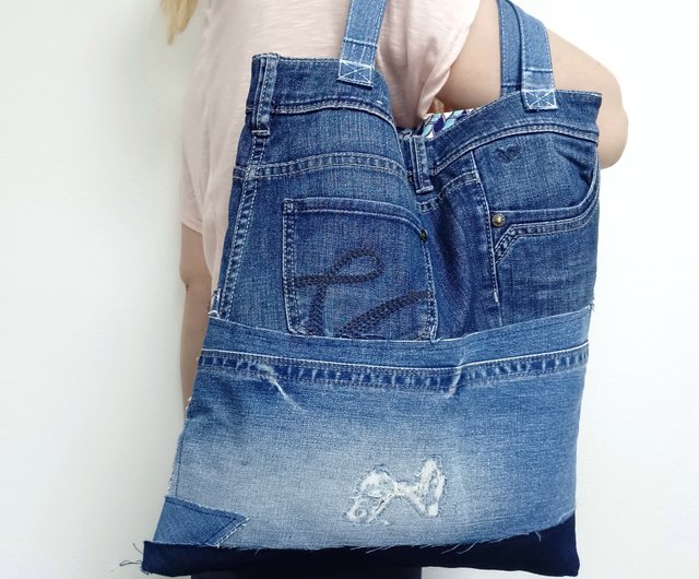 Blue Denim Shoulder Bag Weekend Tote Bag With Pockets Large 