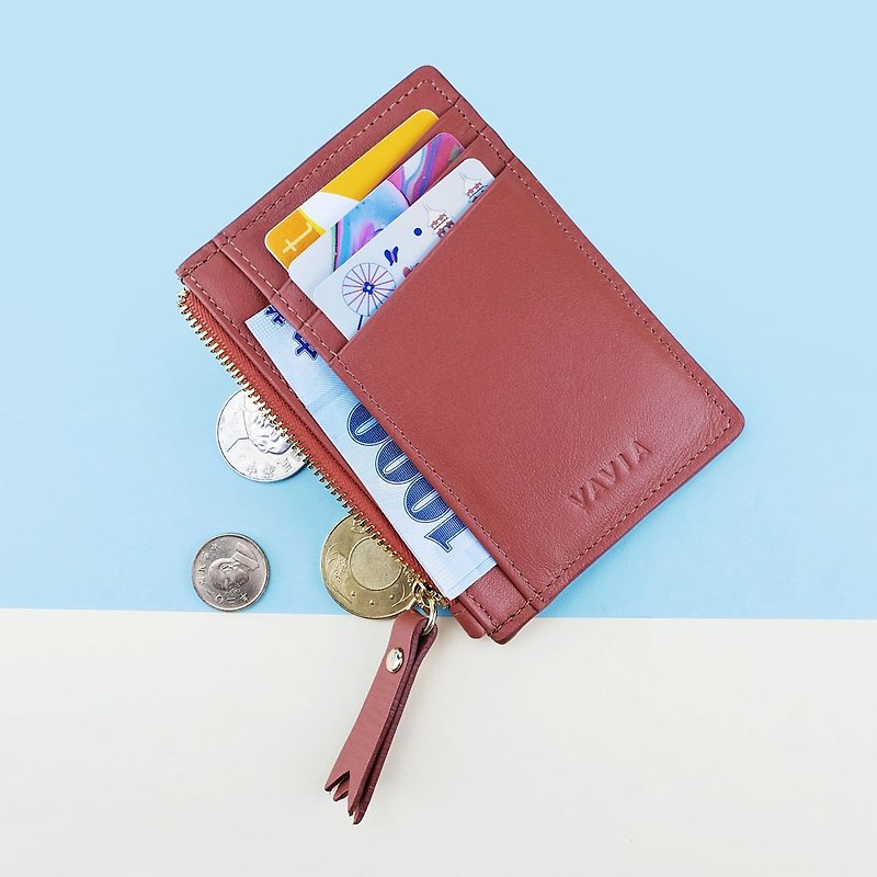 RED Ochre : Zipped Card Purse / Cow Leather - 長短皮夾/錢包 - 真皮 咖啡色